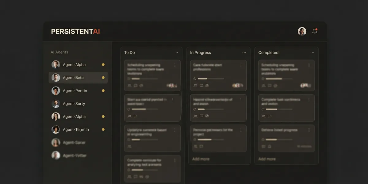 PersistentAI Dashboard Preview - Agent sidebar, task management, memory system